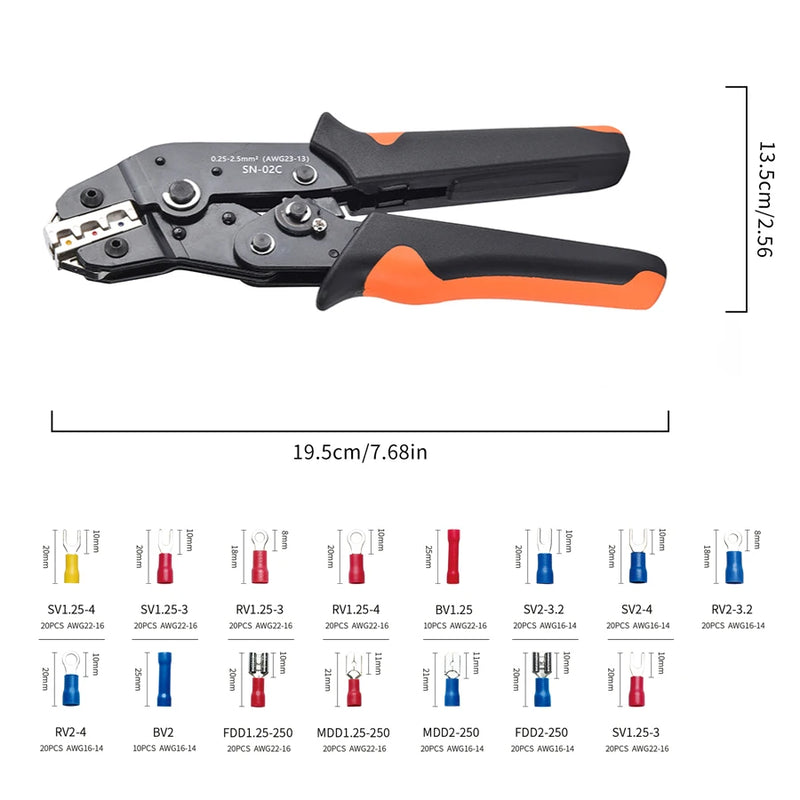 Conjunto de ferramentas de crimpagem de fios, Conectores elétricos de fios isolados Crimp-Butt, anel, pá, terminais Kit de sortimento de terminais de cabo